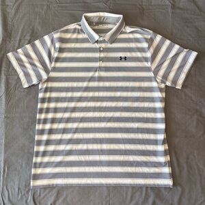 Under Armour Heat Gear Polo White Navy Blue Stripes Golf Outdoor Size 2XL Loose